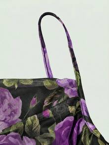 SHEIN MOD Vintage 70s Oil Painting Floral Print Ruched Dress – Slim Fit Mermaid Hem For Date, Party, Prom & Festival In Glamorous Court Style,Summer Dresses For Women - Purple - View 3