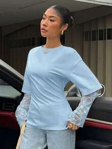 Muchica Áo thun hai trong một màu xanh dương dành cho nữ, chất liệu ren, thiết kế eo độc đáo, thích hợp cho các buổi đi chơi, phong cách đường phố, kiểu Y2K, áo tay ren màu xanh dương. - Màu xanh lam - Xem 7