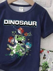 2件套幼儿男童休闲绿色像素恐龙街头风印花套装，圆领针织弹力面料T恤和短裤，春夏家居服 - 寶藍色 - 查看 3