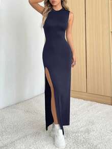 SHEIN EZwear 女士优雅休闲开衩连衣裙，藏蓝色，轻盈舒适，夏季必备单品 - 藏蓝色 - 查看 5