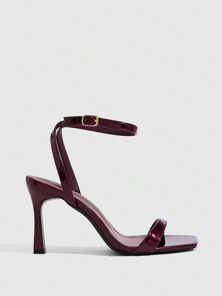 CUCCOO SZL Women Shoes Spring And Summer New Burgundy Mirror Ankle Strap Women's High Heel Sandals Stylish Simple Comfortable Versatile Sexy Party Banquet Women's Sandals Prom Heels