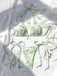 Swim Vcay 女士沙滩度假纹理面料随机印花贝壳装饰露背系带性感比基尼套装 - 綠色 - 查看 3