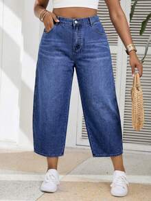 SHEIN PETITE CURVE Summer Plus Size PETITE CURVE Casual Washed High Waist High Waisted Barrel Denim Pants For Women Cropped Wide Leg Baggy Casual Crop Jeans - Medium Wash - View 4