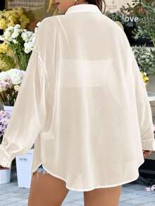 SHEIN EZwear 大码女式休闲透视宽松长袖开襟衬衫，适合夏季、秋季、上学、约会、下午茶、海滩、夏威夷、日常穿着 - 杏色 - 查看 2