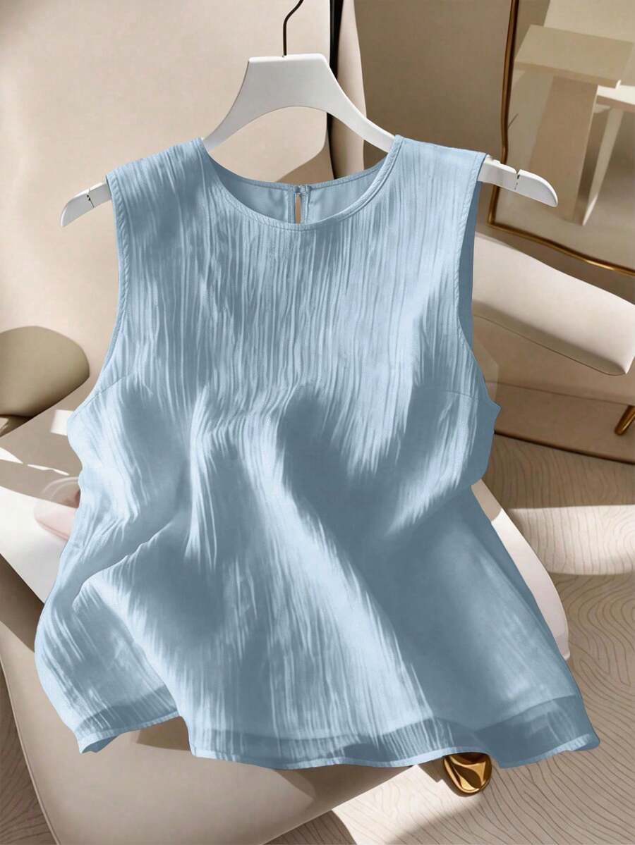 GlowEve CURVE Plus Size Women Textured Round Neck Sleeveless Camisole And Tank Top - Baby Blue - View 1
