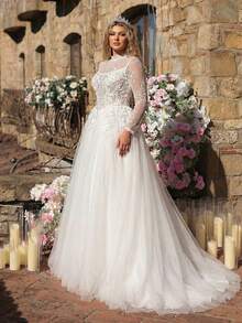 Glamrae Váy cưới cỡ lớn sang trọng, thanh lịch, lãng mạn với chất liệu ren phối nhiều mảnh, tay áo xuyên thấu, eo kiểu Basque, chân váy phồng có cấu trúc, kiểu dáng dài vừa vặn. - trắng - Xem 4