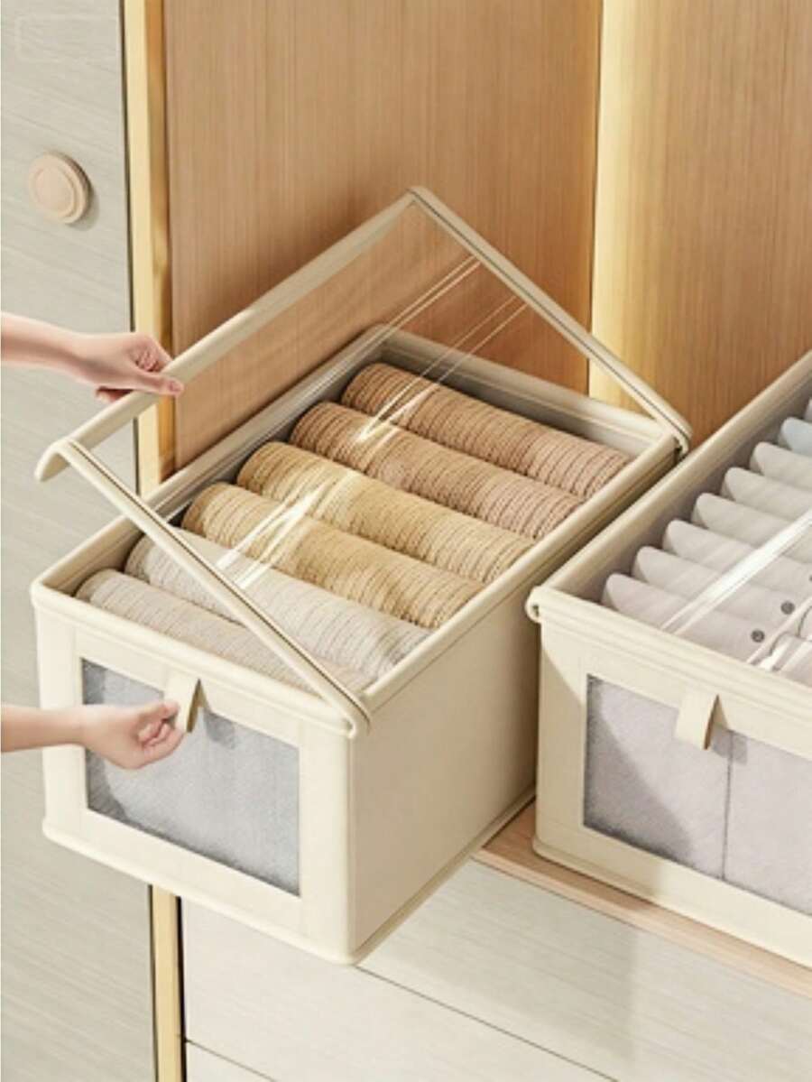 Caixa de Armazenamento de Roupas de Tecido Oxford Grande com Tampa e Janela | Organizador à Prova de Poeira para Quarto/Varanda - Bege - Visão 1
