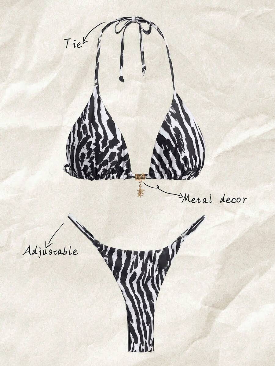 Elavelle Bộ bikini hai mảnh màu trơn gợi cảm dành cho nữ, thích hợp cho kỳ nghỉ xuân. - Đen và trắng - Xem 1