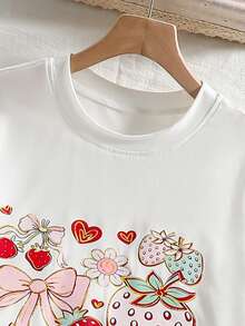 SHEIN 少女夏季休闲领结草莓印花T恤搭配格子裤套装 - 紅色 - 查看 3