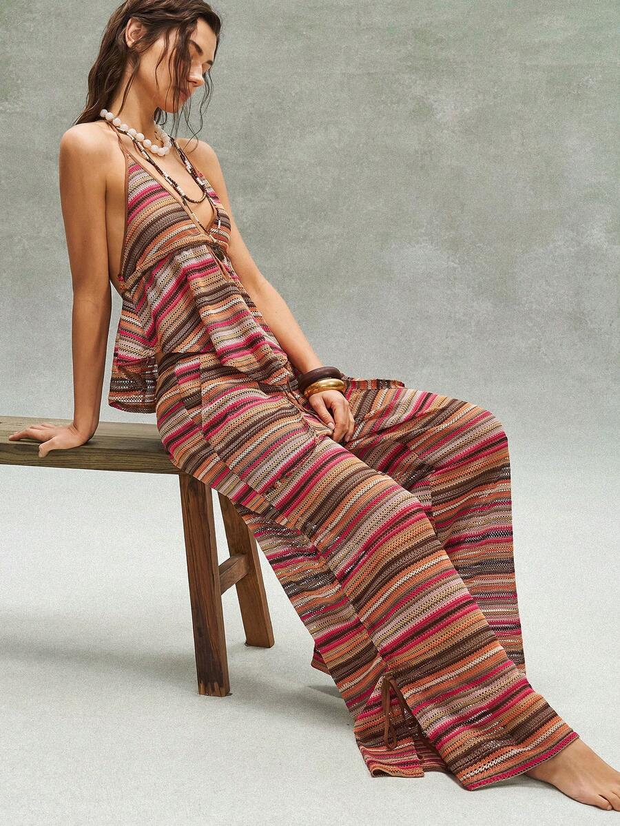 Bohemela BOHO Summer Beach Vacation Casual Retro Striped Loose Wide-Leg Pants For Women - Multicolor - View 1