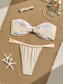 Swim Mod 2pcs Textured Solid Color Bandeau Bikini Set For Women, Suitable For Sunny Beach - Beige - View 2