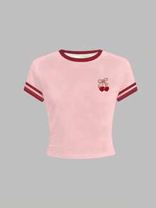 1pc Tween Girl Cute Fitted Short Sleeve Round Neck Butterfly Print T-Shirt, Contrast Color Trim. Adorable T-Shirt, Suitable For Tween Girl - Pink - View 3