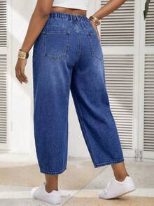 SHEIN PETITE CURVE Summer Plus Size PETITE CURVE Casual Washed High Waist High Waisted Barrel Denim Pants For Women Cropped Wide Leg Baggy Casual Crop Jeans - Medium Wash - View 2