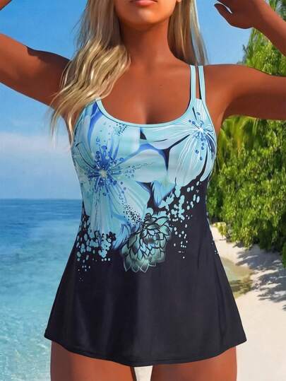 Swim Lushoire Women's Casual Vacation Beach Party Printed Fabric Bikini Two Pieces Swimwear Women Swim Dress Beachwear Tops Tankini Swimwear Plus Size Beach Tops For Women