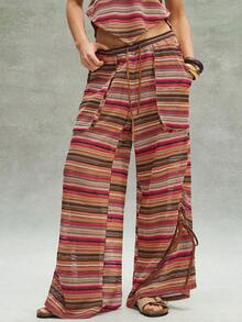 Bohemela BOHO Summer Beach Vacation Casual Retro Striped Loose Wide-Leg Pants For Women - Multicolor - View 3