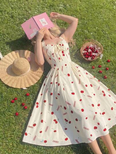 SHEIN MOD Plus Size Yellow Halter Umbrella Dress, Cherry Fruit Print Mid-Length Dress, Romantic Vacation Umbrella Dress.Plus Size Yellow Cherry Print Dress Halter Neckline Sweetheart Bodice Flared Midi Skirt Ruched Bust Vintage-Inspired Style Bow Tie Back Fitted Waist Soft Sheen Lightweight Fabric Playful Pattern Bright Red Accents Feminine Silhouette Elegant Drape Classic Charm Retro Look Gathered Detail Smooth Finish Summer Vibes, Summer Dresses