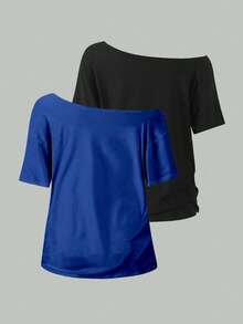 EMERY ROSE 2pcs/Set Oblique Shoulder Loose T-Shirt,Asymmetric Shoulder Off-Shoulder T-Shirt, Plus Size Women's Top - Multicolor - View 2