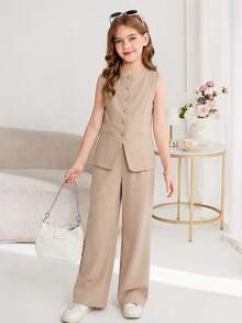 SHEIN 少女通勤休闲纯色无袖背心上衣和直筒裤套装 - 棕色 - 查看 4