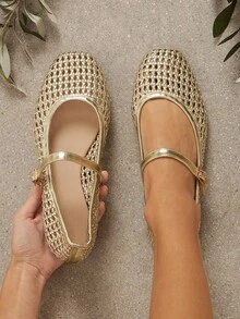 SHUZIA 女士休闲编织 PU 方头舒适玛丽珍芭蕾平底鞋 - 金色 - 查看 3