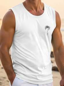 Manfinity RSRT Camiseta casual de cuello redondo con estampado de árboles de coco, versátil para uso diario, talla grande, para vacaciones - Blanco - Ver 1