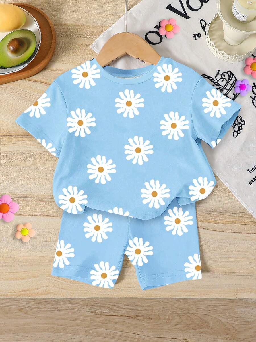 SHEIN 两件套少女休闲甜美度假风雏菊印花圆领短袖T恤和针织修身短裤蓝色套装，少女休闲舒适T恤套装日常穿搭，夏季 - 彩色 - 查看 1