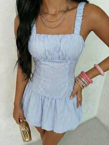 Glamine Women's Striped Ruffle Casual Everyday Cocktail Party Flare Dress - Blue and White - View 5