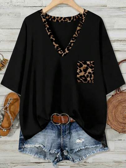 EMERY ROSE Lässiges, minimalistisches Leopard Muster Kontrast-Farbiges, locker geschnittenes V-Ausschnitt T-Shirt für Damen in Große Größen, schwarzes Top geeignet für den Sommer