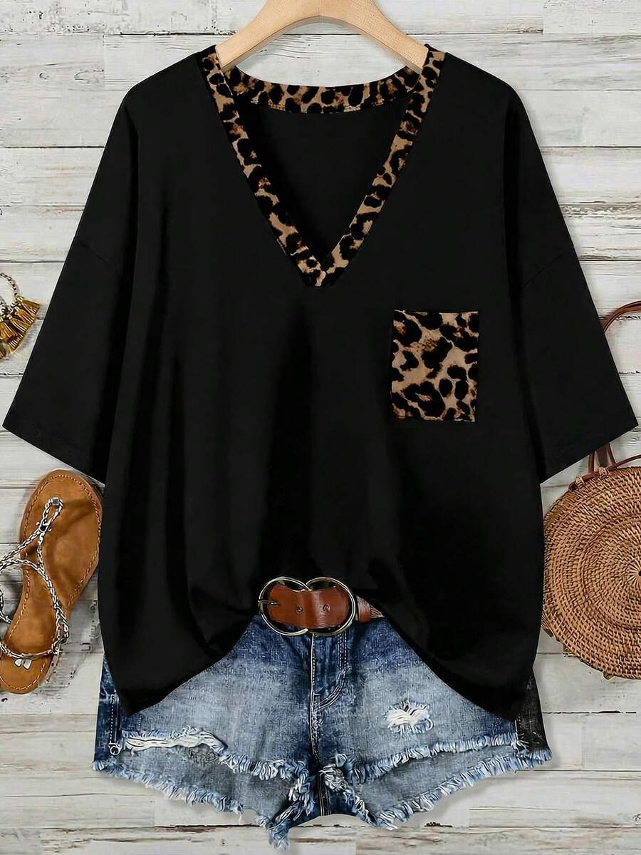 EMERY ROSE Casual Minimalist Leopard Print Contrast Color Loose V-Neck T-Shirt For Plus Size Women, Black Top Suitable For Summer - Multicolor - View 1