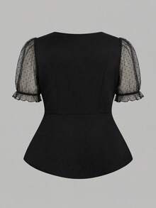 Elenzga Plus Size Square Collar Chiffon Floral Patchwork Short Sleeve Blouse, Suitable For Vacation, Carnival, Party, Commuting - Black - View 2