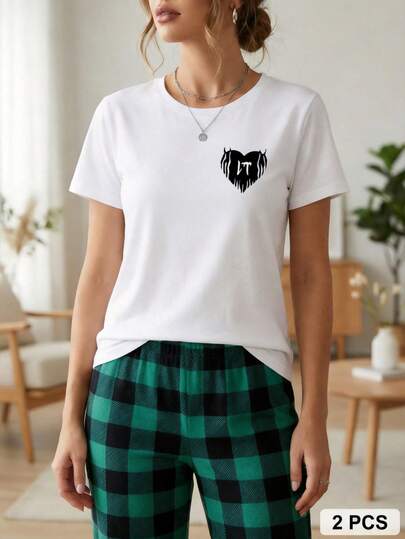 Pijama mujer de 2 piezas, camiseta manga corta y pantalón largo confeccionado en tela afelpada de grosor ligero, conjunto cómodo ideal para dormir, homewear, loungewear, ropa de descanso, estilo casual femenino, versátil y suave