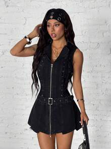 StreetHx Đầm denim ôm dáng, không tay, màu trơn, có khóa kéo dành cho nữ - màu đen - Xem 6
