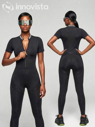 Innovista Women's Summer Letter Print Zipper Half-Zip Elastic Tight Equestrian Jumpsuit Black Zip Suit Women Short Sleeve Workout Jumpsuit, Front Zip, Removable Bra Pads, Shiny Animal-Print PU Panels, Logo Collar Tape, High-Stretch Sculpting Compression Black Body Suit Bodysuits For Women Romper Tummy Control Bodysuit Black Bodysuit Rompers For Women Sexy