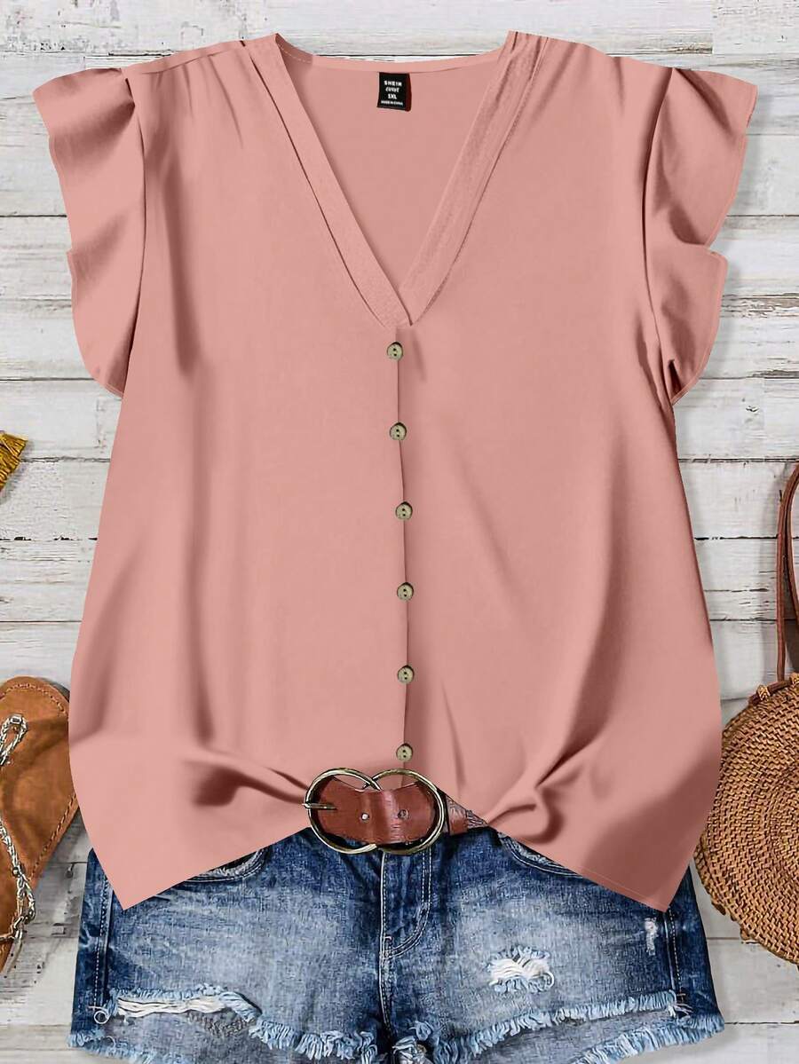 Plus Size Women V-Neck Casual Solid Color Shirt, Suitable For Summer Daily Wear - Dusty Pink - View 1