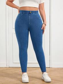 SHEIN Tall CURVE Quần jean skinny cạp cao ôm sát, co giãn, màu xanh denim dành cho nữ cỡ lớn, có túi, thích hợp cho thể thao và du lịch. Quần jean cạp cao ôm sát, dáng suông, dành cho nữ cỡ lớn, đã qua xử lý giặt, dành cho nữ. - Rửa trung bình - Xem 5