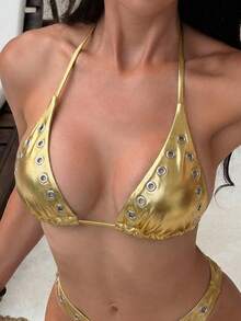 Swim SXY Women's Sexy European & American Style Music Festival Party Bold & Summer Beach Casual Vacation Basic Gold Foil Fabric Halter Micro Triangle Cutout Open Back Bikini Top, Perfect For Spring Break, Back To School, Oktoberfest, Music Festivals, Spring Promotion, Seaside Vacation And Party Swimwear - Gold - View 4