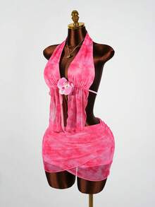 SaltGleam SaltGleam Conjunto de top halter de malla con estampado de teñido anudado + minifalda para verano y vacaciones, conjunto de dos piezas con camiseta sin espalda sexy para vacaciones en la isla - Rosa - Ver 4