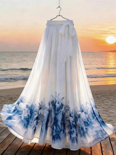 GlowEve Fashionable New Summer Vacation Elegant Bowknot Waist Printed Long Flowy Skirt For Women
