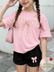 2件套女童休闲时尚创意蝴蝶结装饰印花T恤短裤套装，舒适百搭，适合春、夏、秋季日常穿着。 - 彩色 - 查看 3
