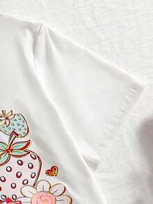 SHEIN 少女夏季休闲领结草莓印花T恤搭配格子裤套装 - 紅色 - 查看 4