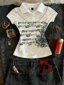INAWLY Women White Polo Shirt,Hot-Fix Rhinestone Sheet Music&Musical Note Print Slim Fit Short Sleeve Top,Black White,Summer,Academia,School,Back-To-School - White - View 1