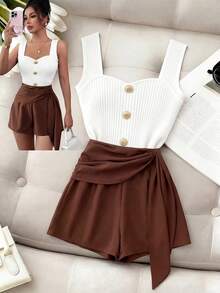 SHEIN Elenzya Waist-Cinching Elegant Romantic Refined Women Shorts - Coffee Brown - View 3