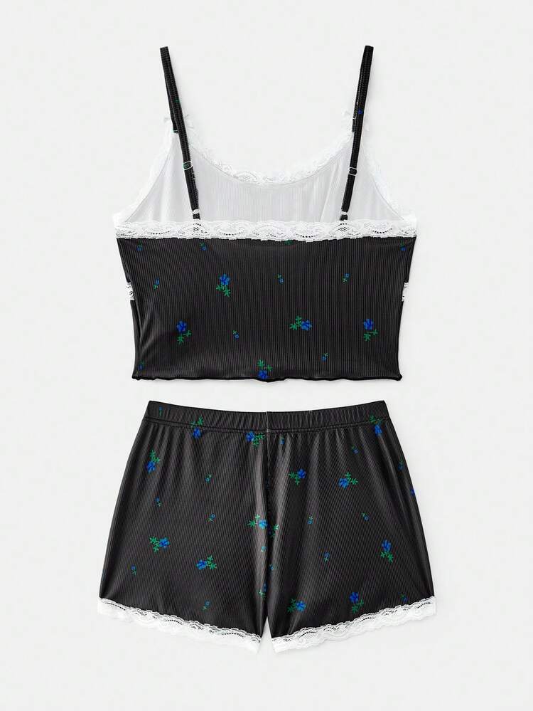 Black Floral Pajama Set Fitted Cami Top With Button Front And Matching Shorts With Contrast Lace Trim