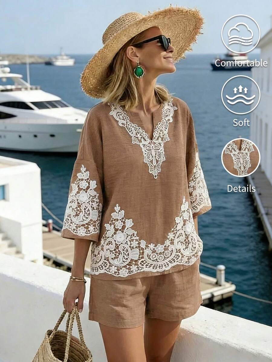 Breezaya 夏季波西米亚风海滩度假蕾丝边休闲优雅两件套女装