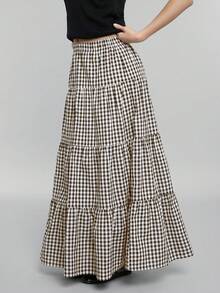 Women's Brown Plaid Print High Waist Ruffle Hem Skirt, Spring/Summer - Brown - View 4