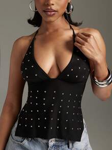Denimoi Studded Halter Top Sexy Tops Fashionable GNO Clubwear Concert Outfits Going Out Tops - Black - View 2