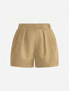 EMERY ROSE 大码女式纯色口袋休闲百搭日常短裤 - 卡其色 - 查看 3