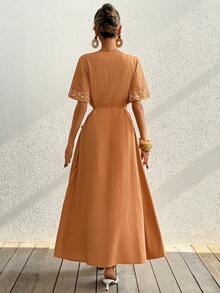 Breezaya Women's Yellow Embroidered V-Neck Dress,Short-Sleeved Boho Crossover Tie-Waist Adjustable Ruffled Summer Holiday Beach Vacation,Beige Country Style - Orange - View 2