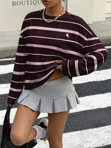 Muchica Casual Retro Colorblock Striped Mini Horse Logo Print Loose Fit Round Neck Long Sleeve T-Shirt, Suitable For Spring - Multicolor - View 3