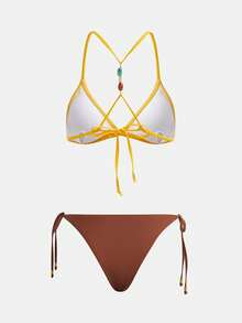 lacRébo Contrast-Tie Triangle Bikini With Back Pearl Detail Spring Summer Resort Outfit Two Piece Swimwear French Style Beachwear - Multicolor - View 8