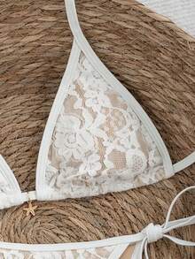 Swim Vcay Bikini Dua Potong Model Liburan Musim Semi/Panas 2026 dengan Motif Bunga Renda Warna-warni, Lapisan Warna Kulit, Tali Bahu Tipis, Model Halter Belakang, Tali Samping, Potongan Tinggi - Krem - View 5